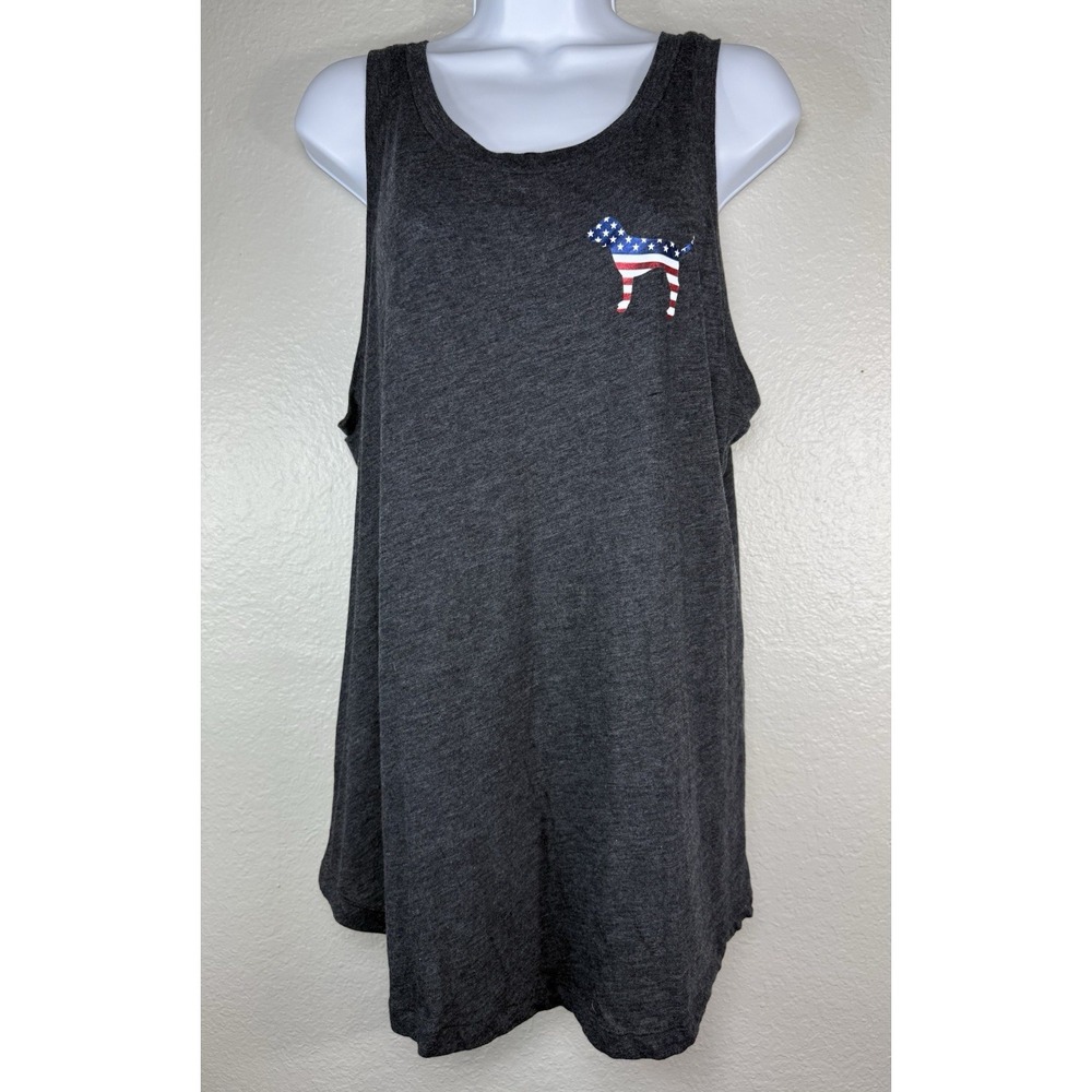 PINK Victoria's Secret Grey Patriotic Sequin Dog Tank Top Large American Flag